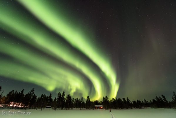 Vier parallel verlaufende Polarlichtbänder ziehen über den Himmel und beleuchten die Schneelandschaft.
